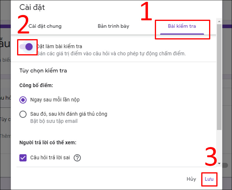 Chọn Đặt làm bài kiểm tra